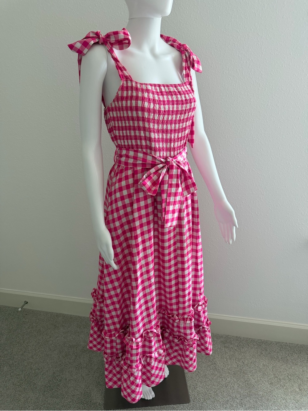 &merci Pink Gingham Maxi Dress with Tie Shoulders and Waist